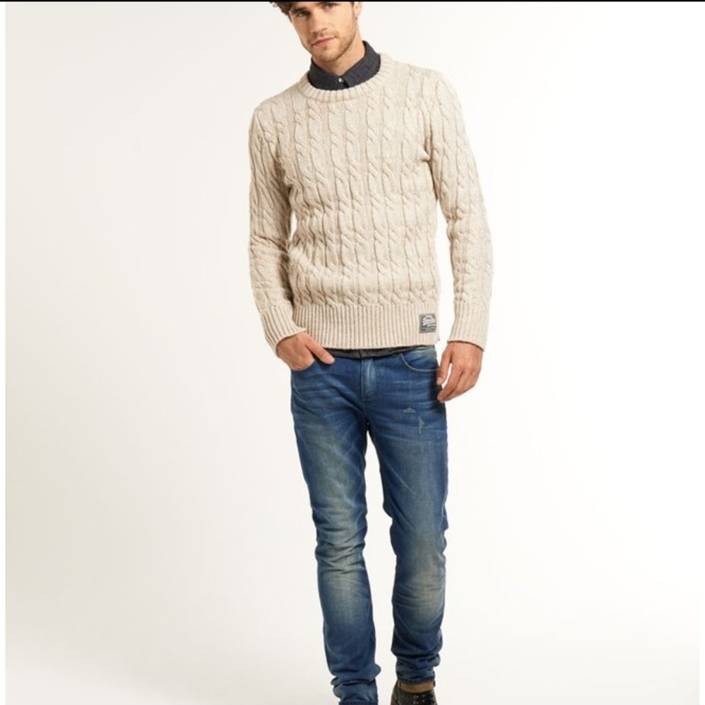 Superdry Orange Label Jacob Knit Cable Knit Tan Cream Crewneck Sweater Medium